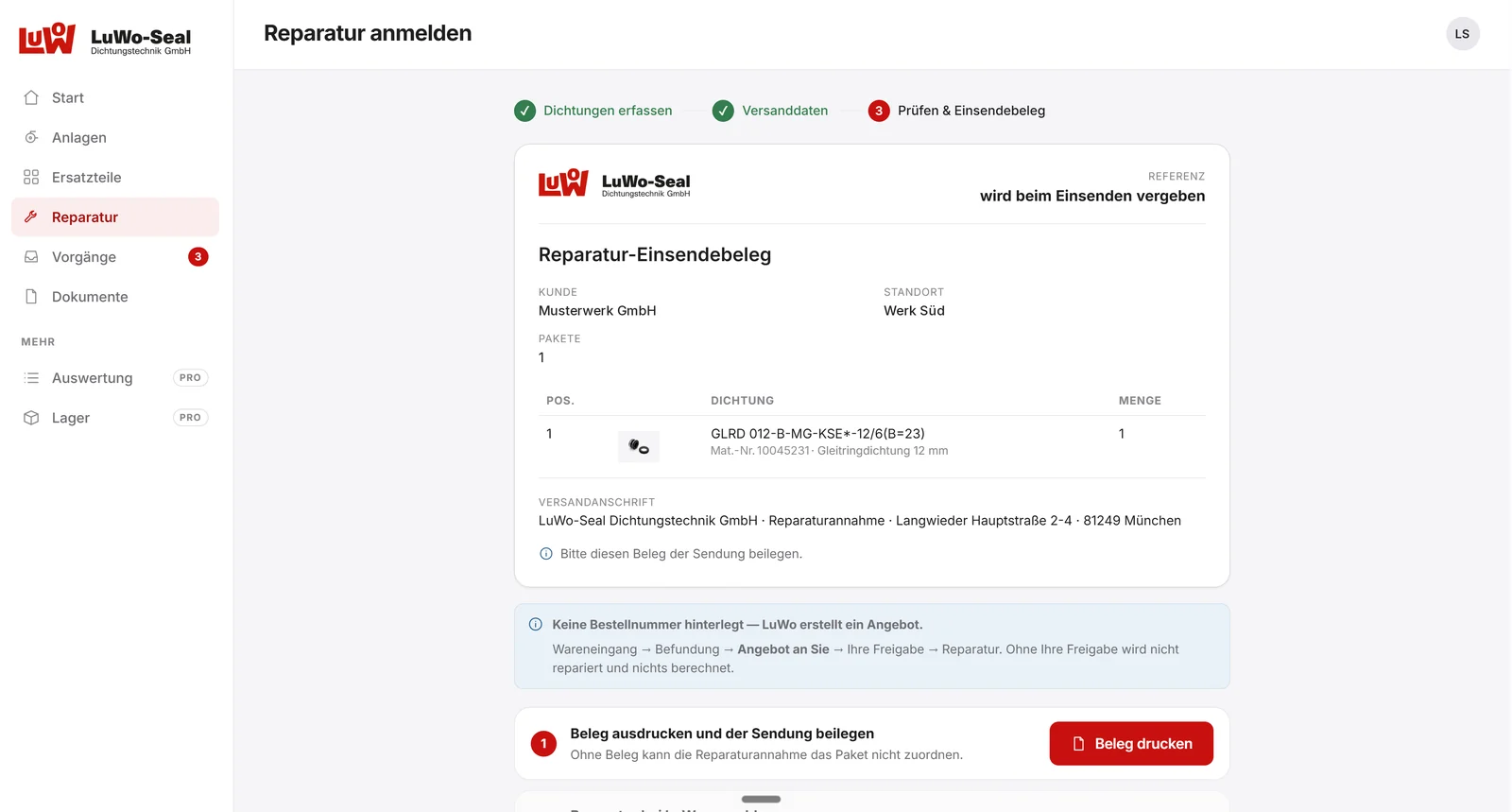 Reparatur anmelden: fertiger Einsendebeleg mit Position, Versandanschrift und dem Hinweis, dass ohne Freigabe nicht repariert wird