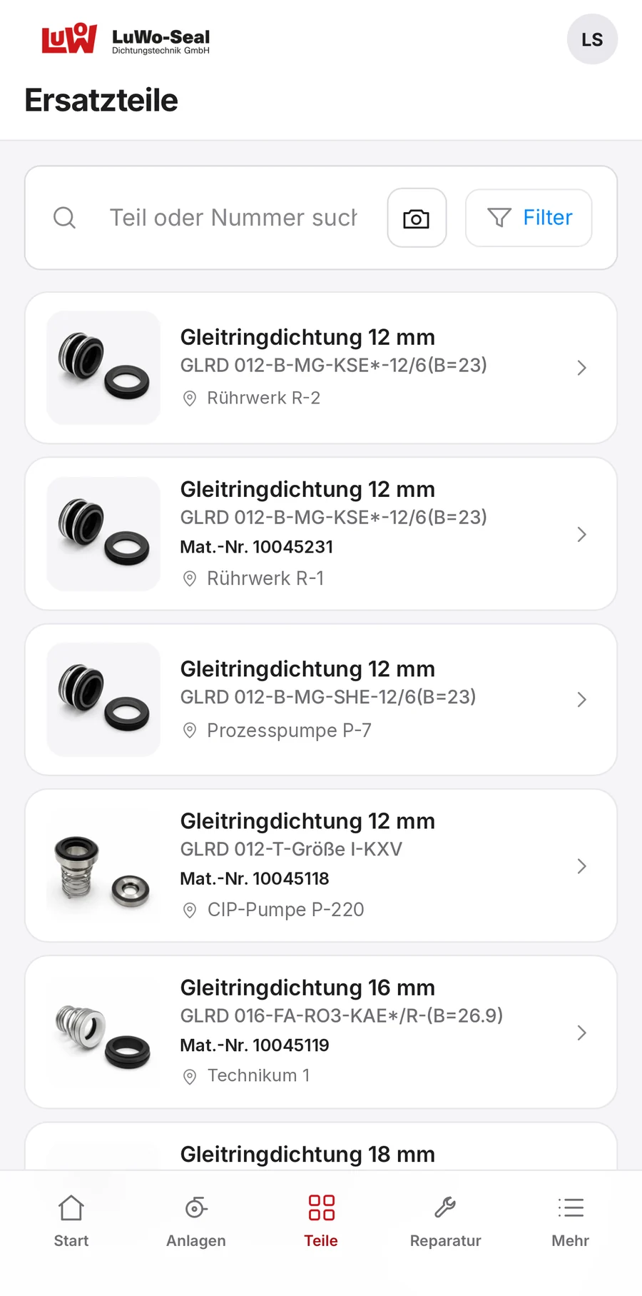 Ersatzteilliste am Handy mit Suche, Kamera-Erkennung, Filter, Produktfotos und Materialnummern