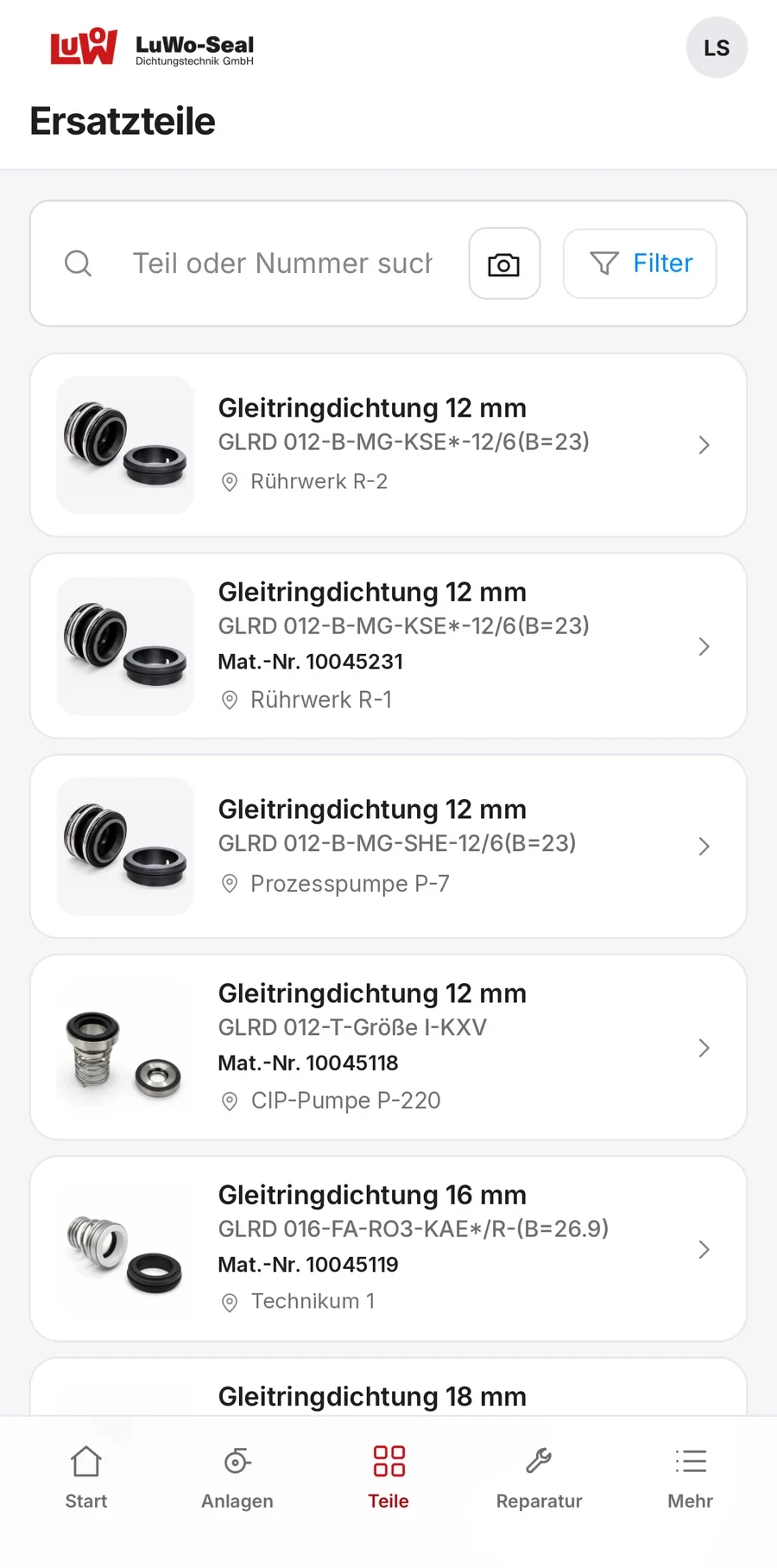 Ersatzteilliste am Handy mit Suche, Kamera-Erkennung, Filter, Produktfotos und Materialnummern