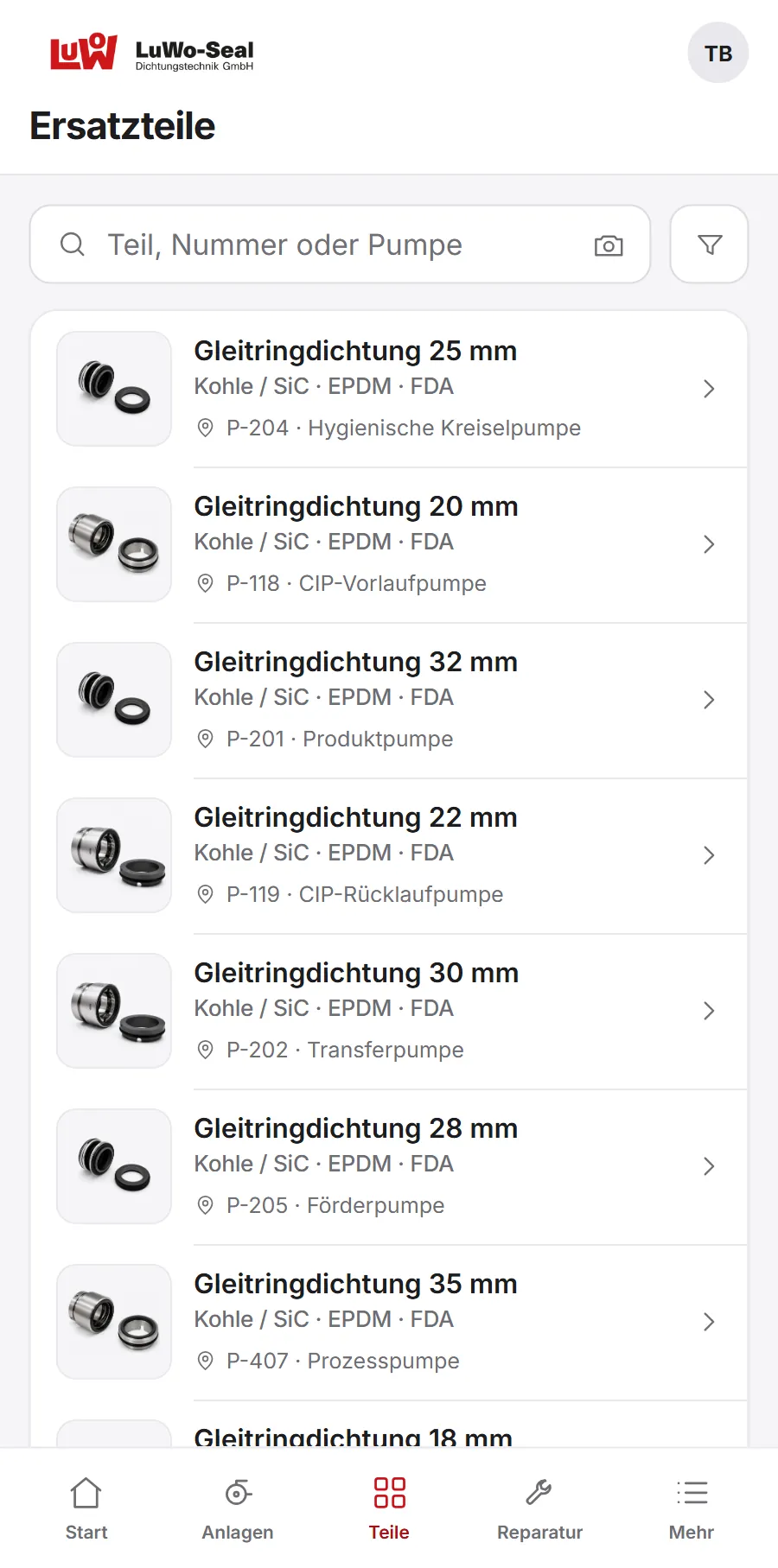 Ersatzteilliste am Handy mit Suche, Kamera-Erkennung, Filter, Produktfotos und Einbauort