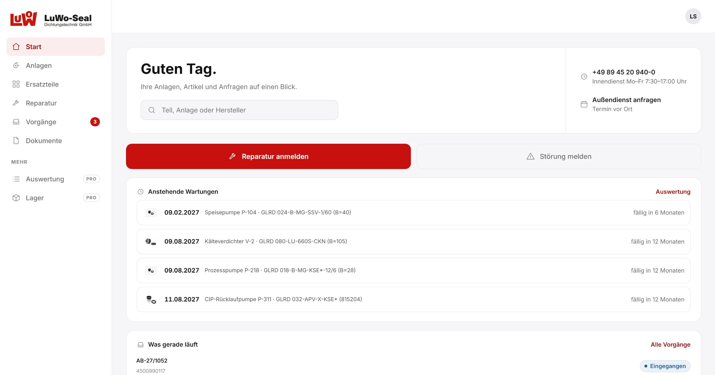 LuWo Maintenance: Startseite mit Suche, anstehenden Wartungen, offenen Vorgängen und Reparaturanmeldung