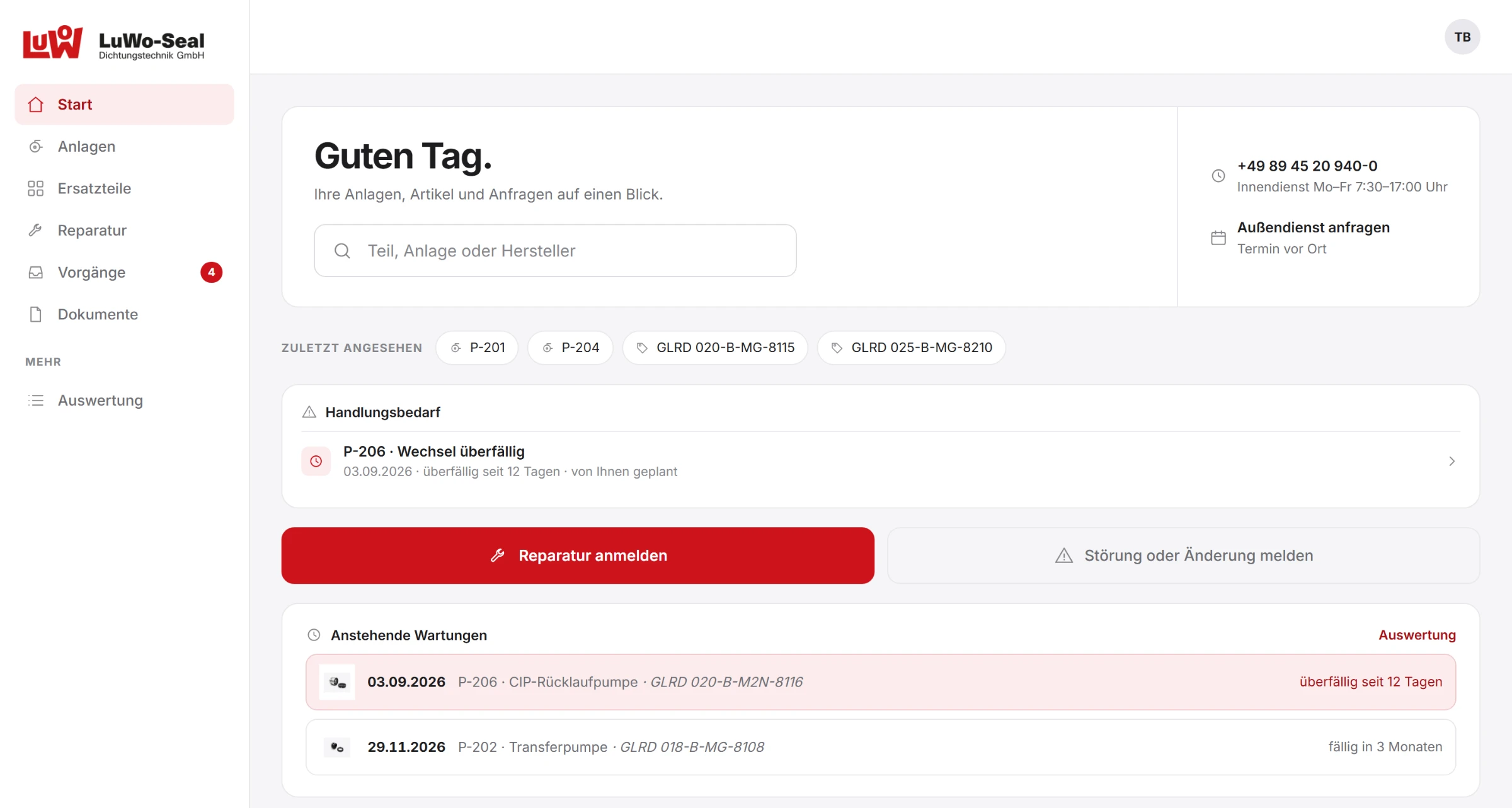 LuWo Maintenance: Startseite mit Suche, Handlungsbedarf, überfälligen und anstehenden Wartungen und Reparaturanmeldung