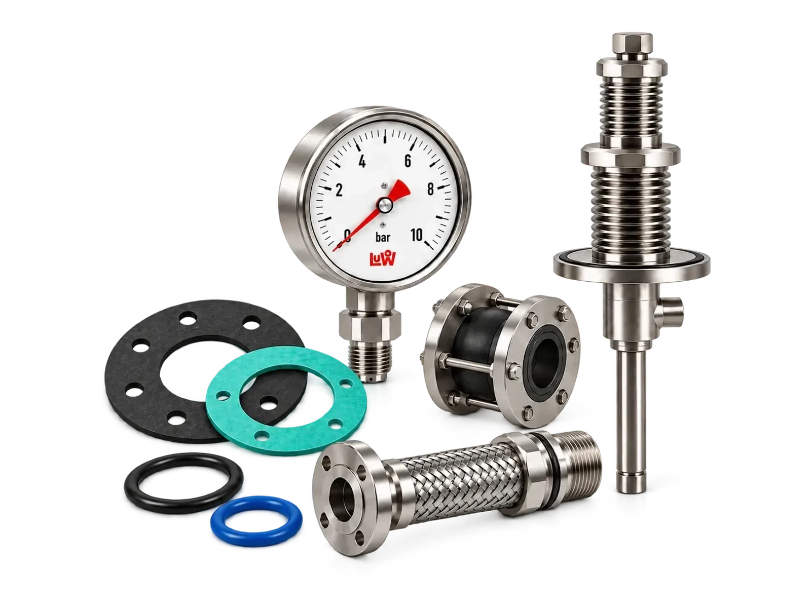 LuWo Ersatzteile: Manometer, Metallbalg, Kompensator, Wellschlauch, Flachdichtungen und O-Ringe