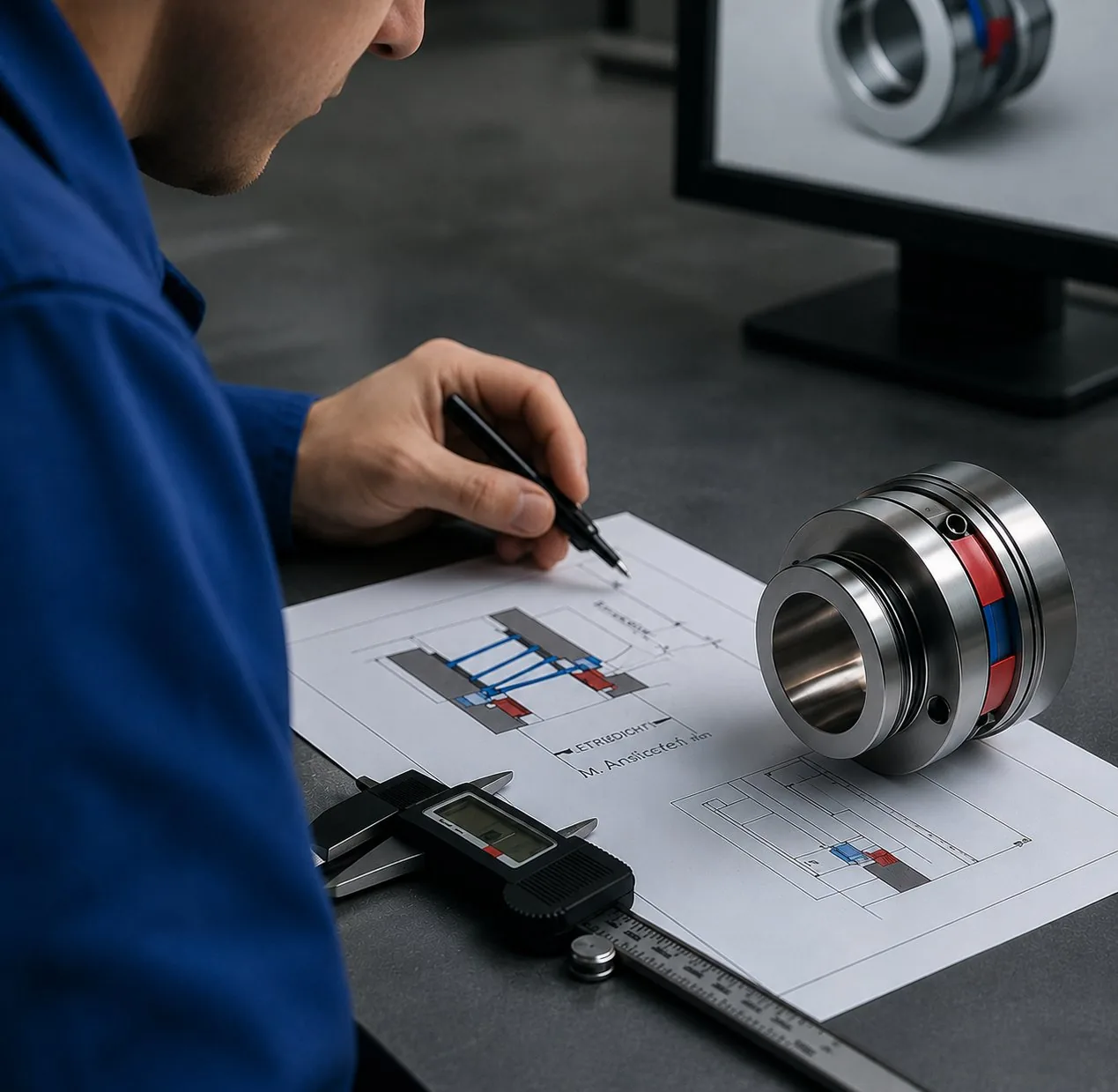 Techniker prüft eine Cartridge-Dichtung an Zeichnung und Messschieber
