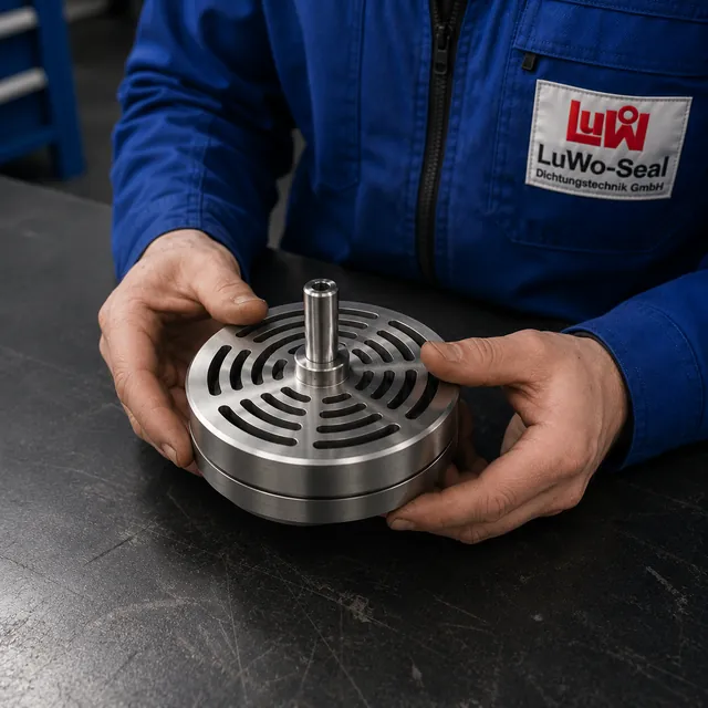 LuWo-Seal Techniker prüft ein überholtes Kompressorventil (Saug- und Druckventil) in der Werkstatt München