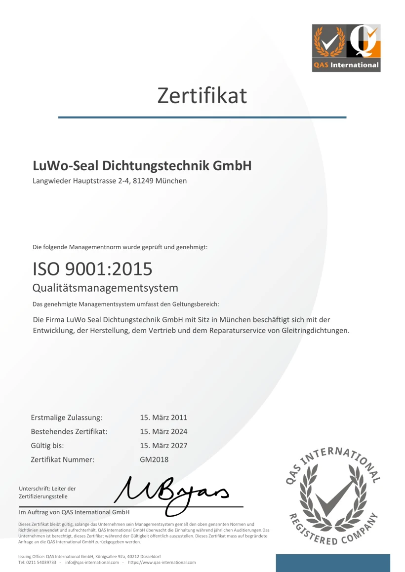 ISO 9001:2015 Zertifikat der LuWo-Seal Dichtungstechnik GmbH