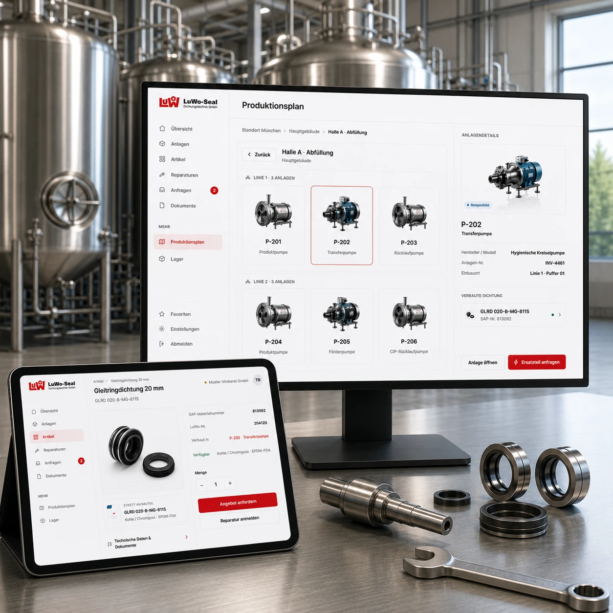 LuWo Maintenance Plattform auf Monitor und Tablet in der Produktionsumgebung