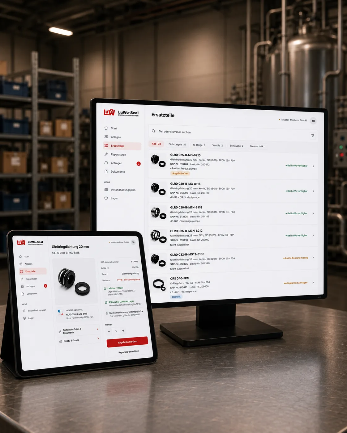 LuWo Maintenance Plattform auf Monitor und Tablet in der Produktionsumgebung