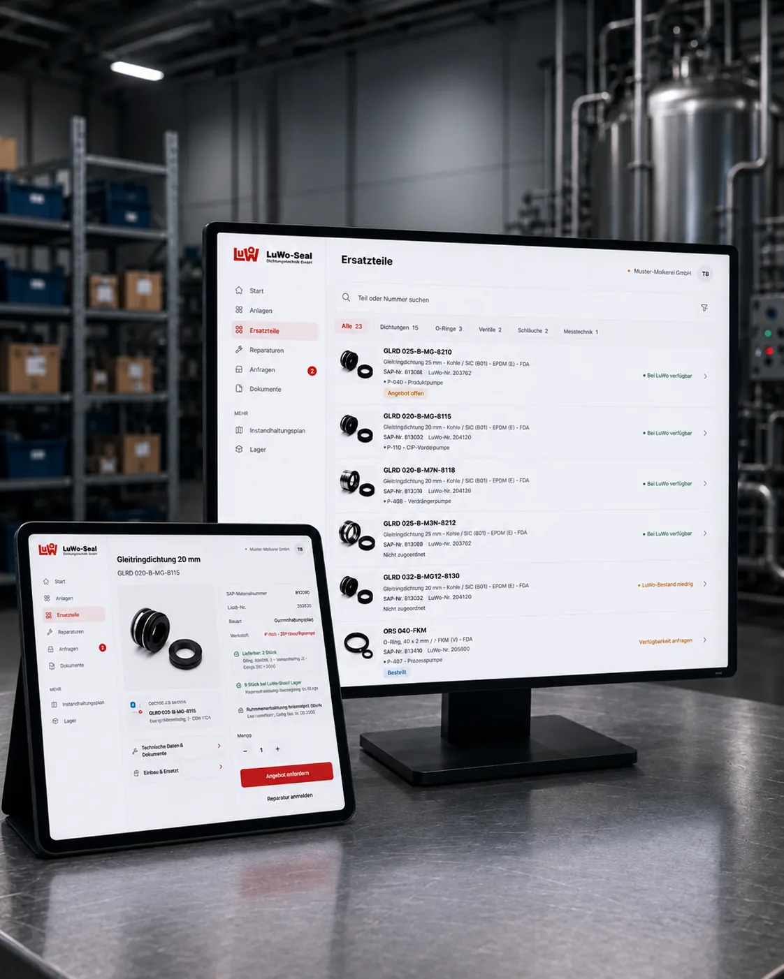 LuWo Maintenance Plattform auf Monitor und Tablet in der Produktionsumgebung