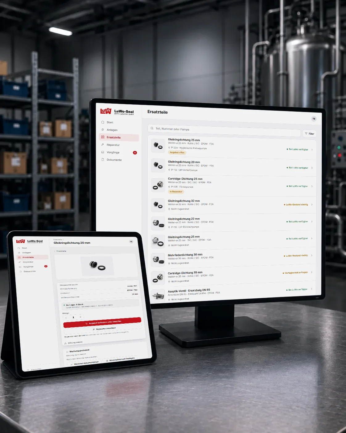 LuWo Maintenance Plattform auf Monitor und Tablet in der Produktionsumgebung